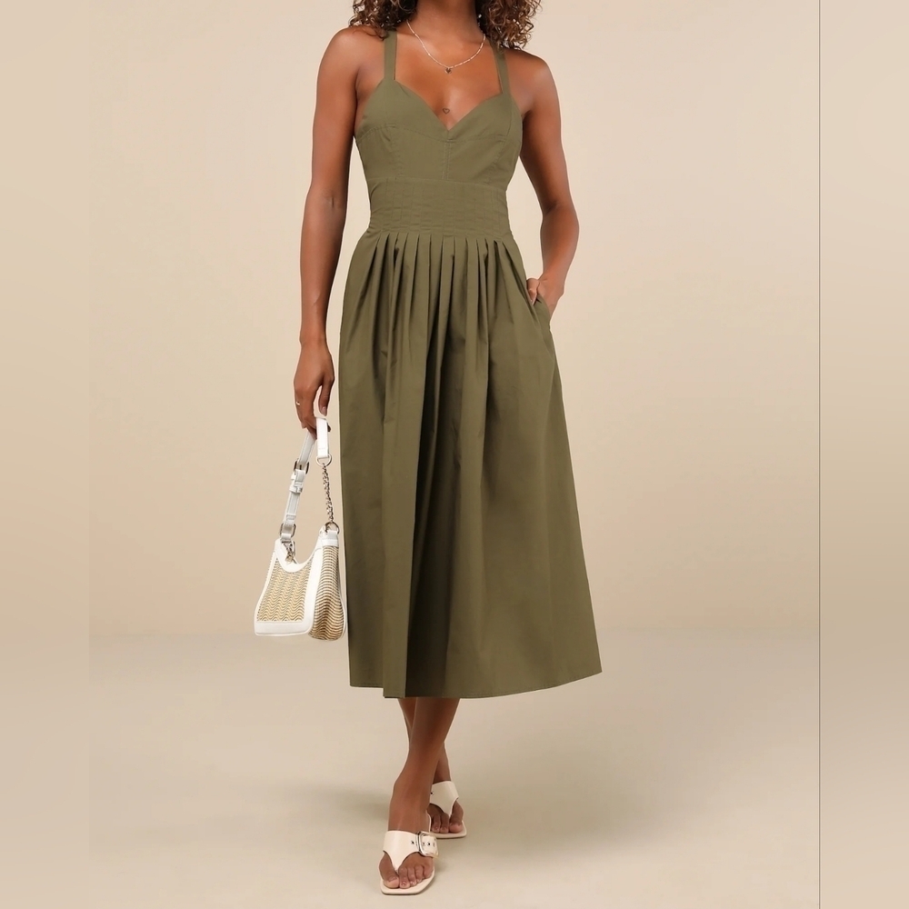 Lulus Strolling Sicily Olive Pleated Backless Midi Dress With Pockets, Small